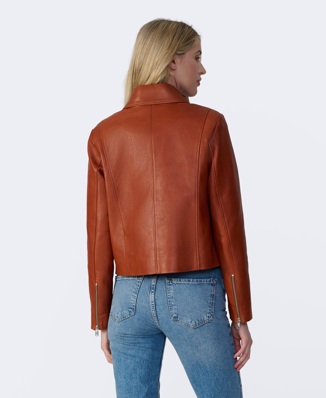 Back view brown leather jacket