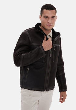 Image of Men's Fashion Leather Jacket, Washed Brown, Brown Curly Wool