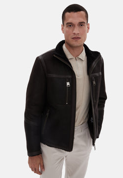 Image of Men's Fashion Leather Jacket, Washed Brown, Brown Curly Wool