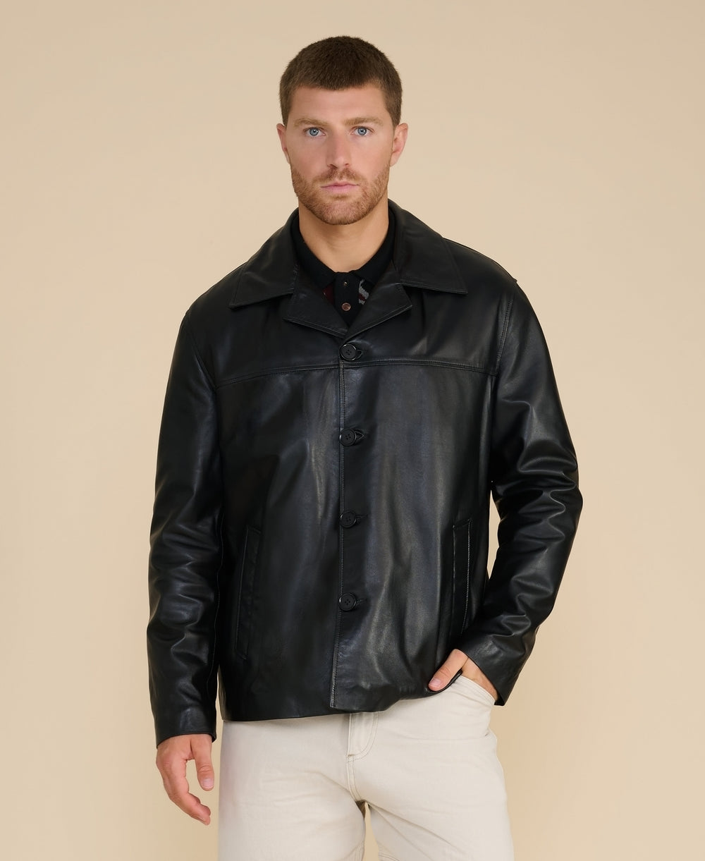 Man wearing black leather blazer