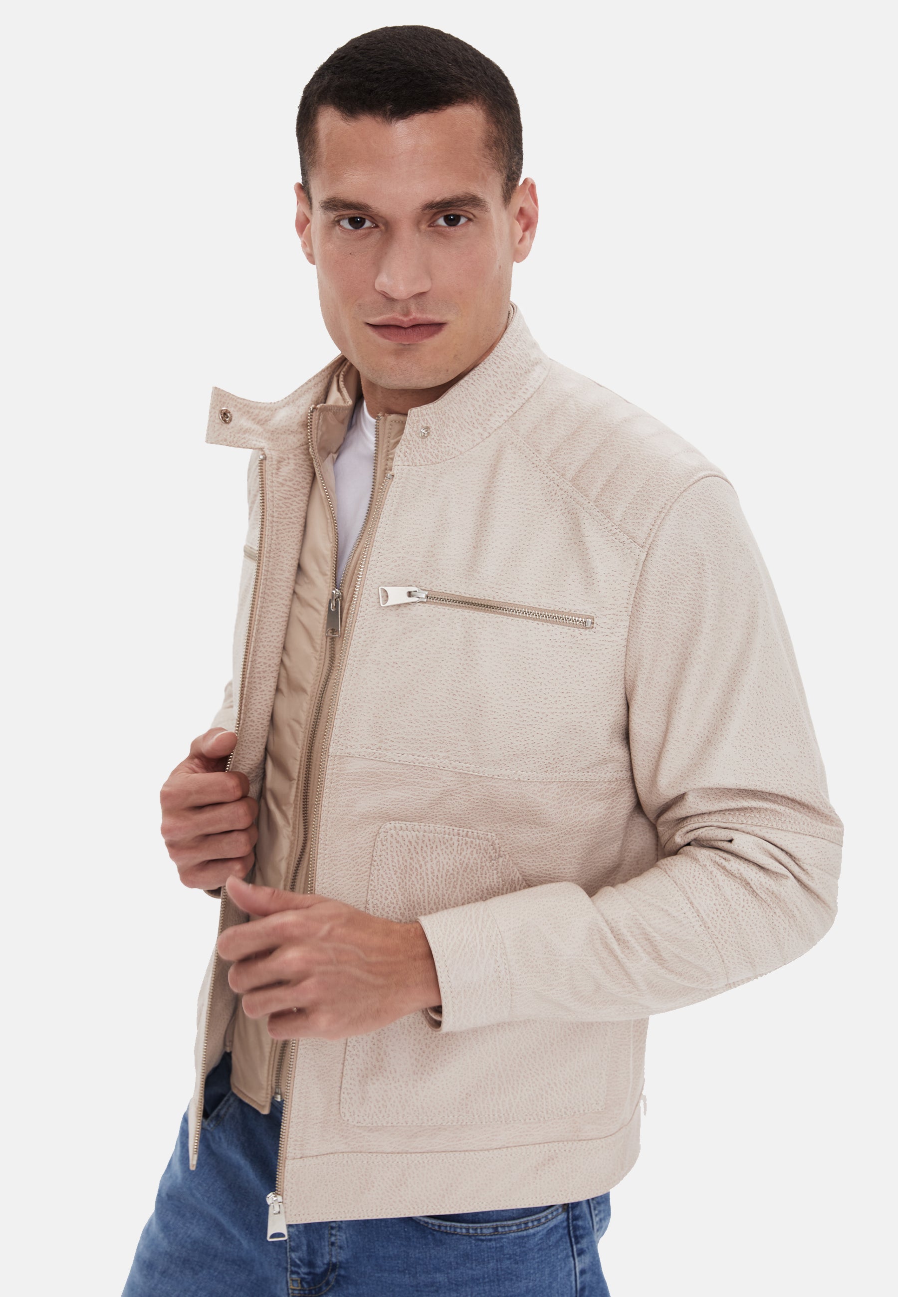 Men's Fashion Leather Jacket, Beige