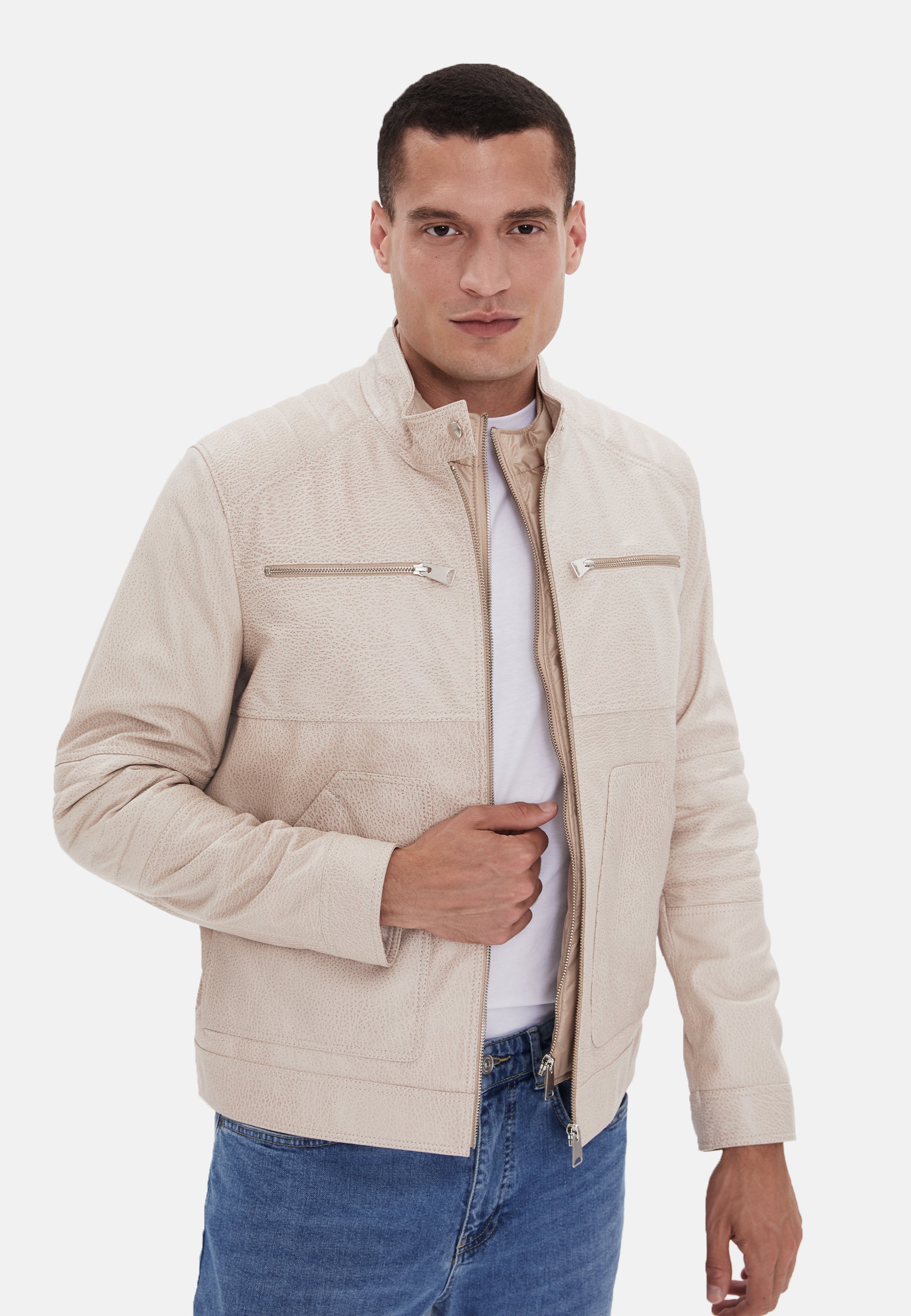 Men's Fashion Leather Jacket, Beige