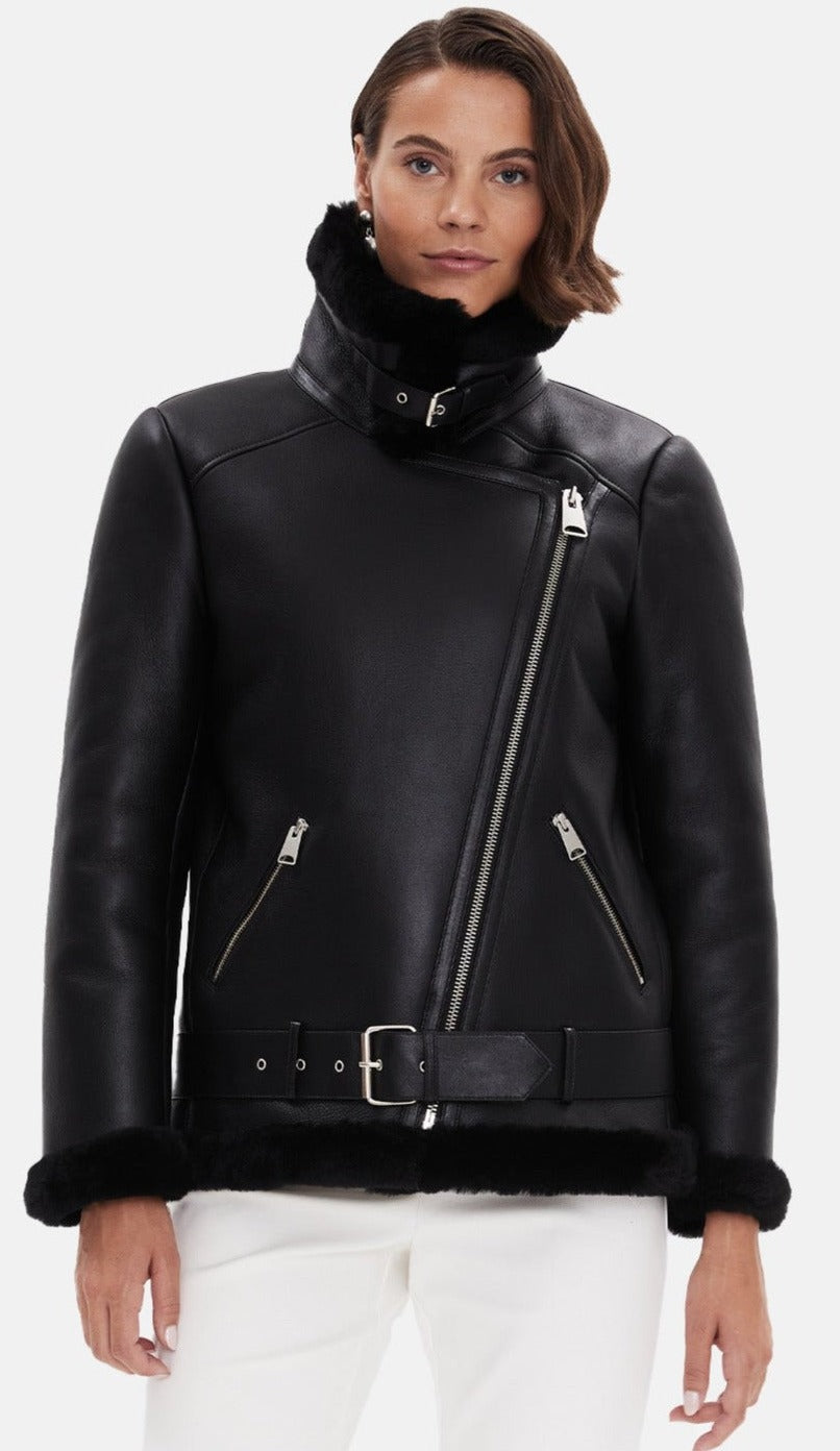 Women's Shearling Belted Biker Jacket, Silky Black with Black Wool