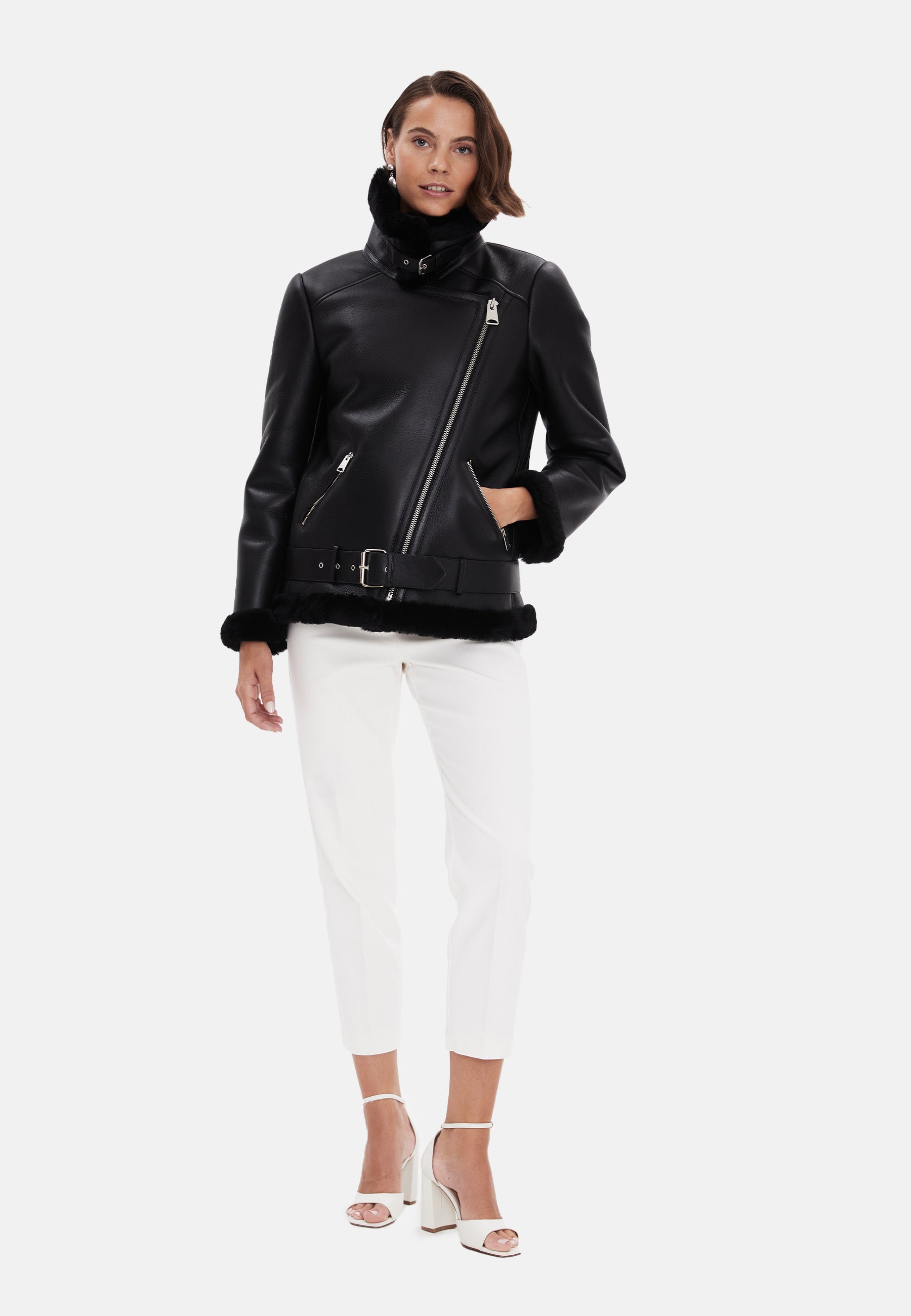 Women's Shearling Belted Biker Jacket, Silky Black with Black Wool