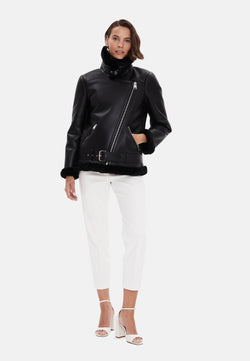 Image of Women's Shearling Belted Biker Jacket, Silky Black with Black Wool