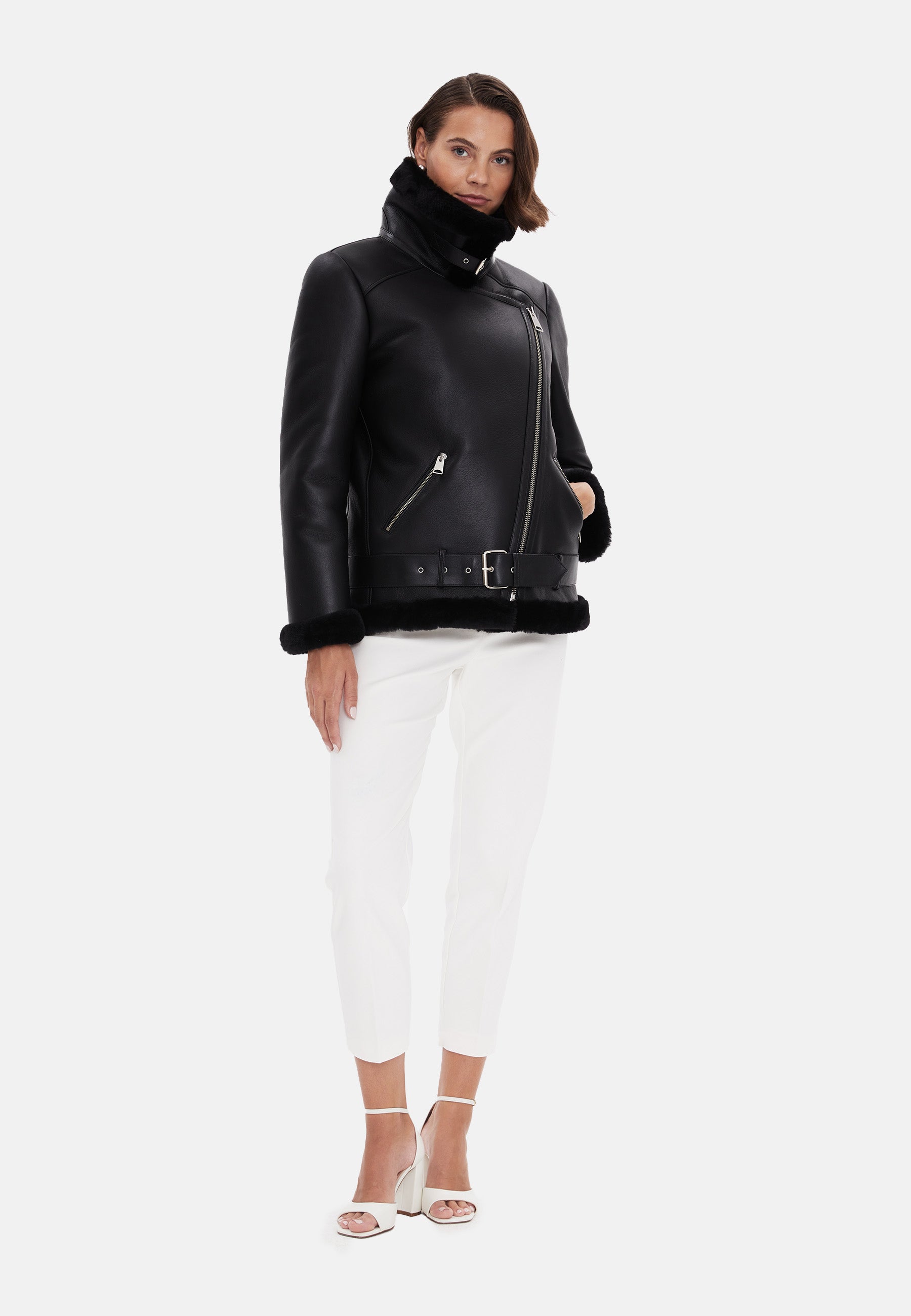 Women's Shearling Belted Biker Jacket, Silky Black with Black Wool