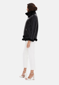 Image of Women's Shearling Belted Biker Jacket, Silky Black with Black Wool