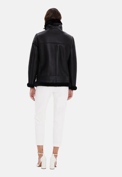 Image of Women's Shearling Belted Biker Jacket, Silky Black with Black Wool