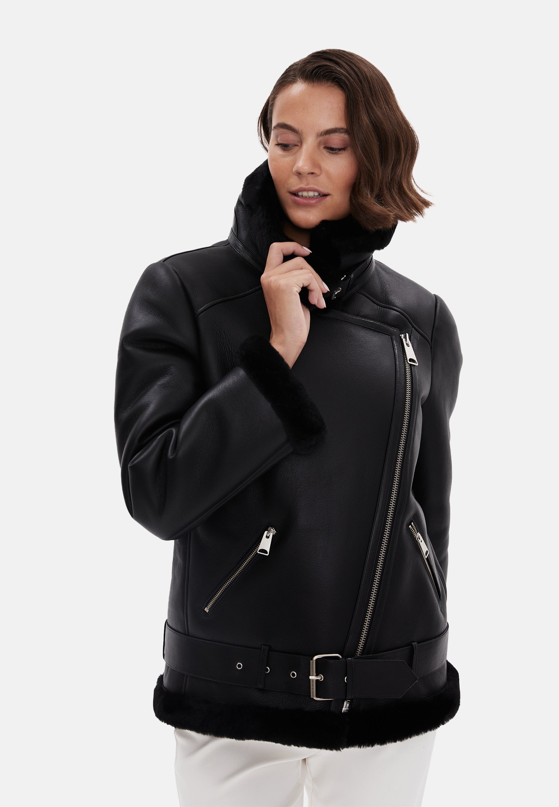 Women's Shearling Belted Biker Jacket, Silky Black with Black Wool