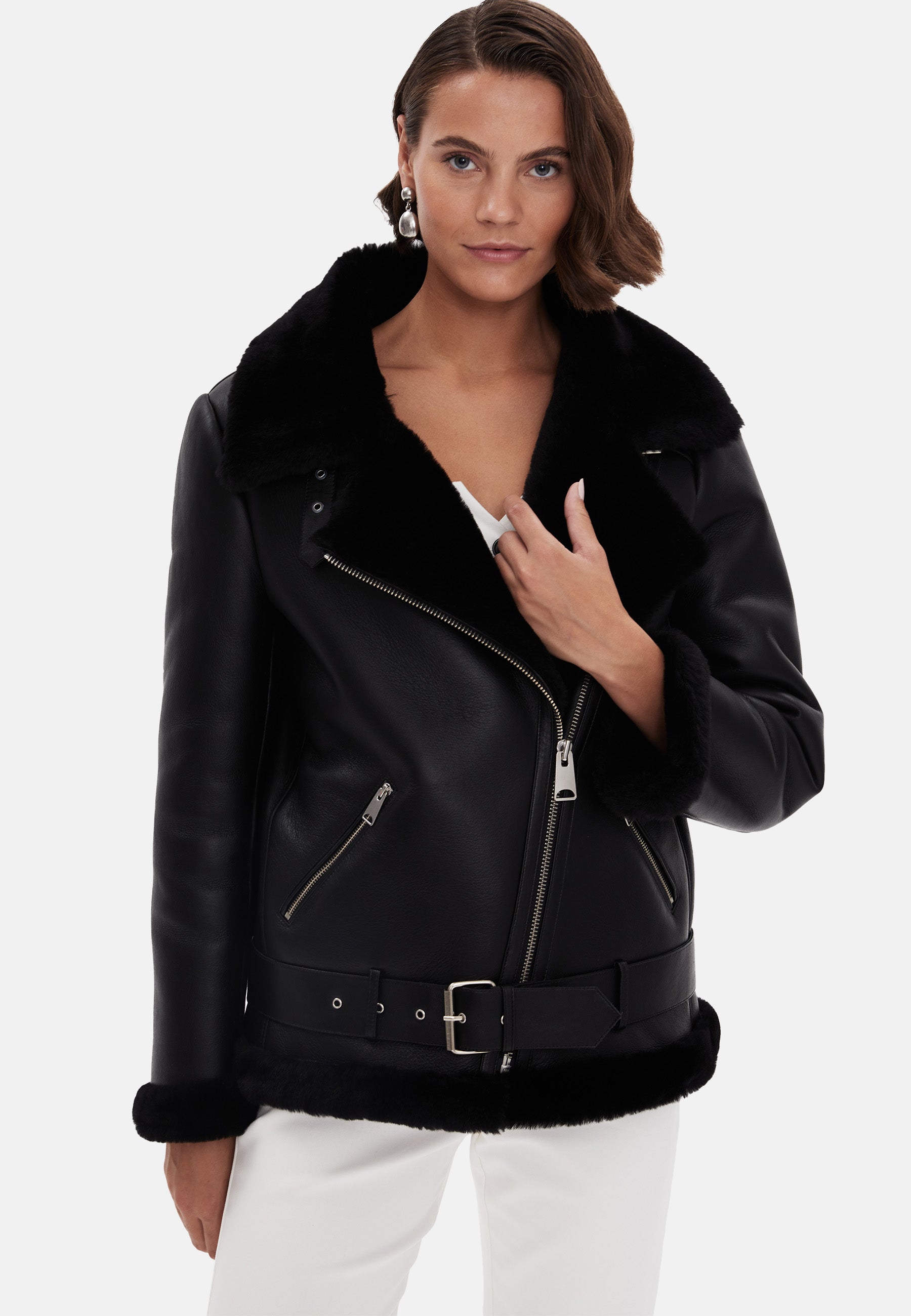 Women's Shearling Belted Biker Jacket, Silky Black with Black Wool