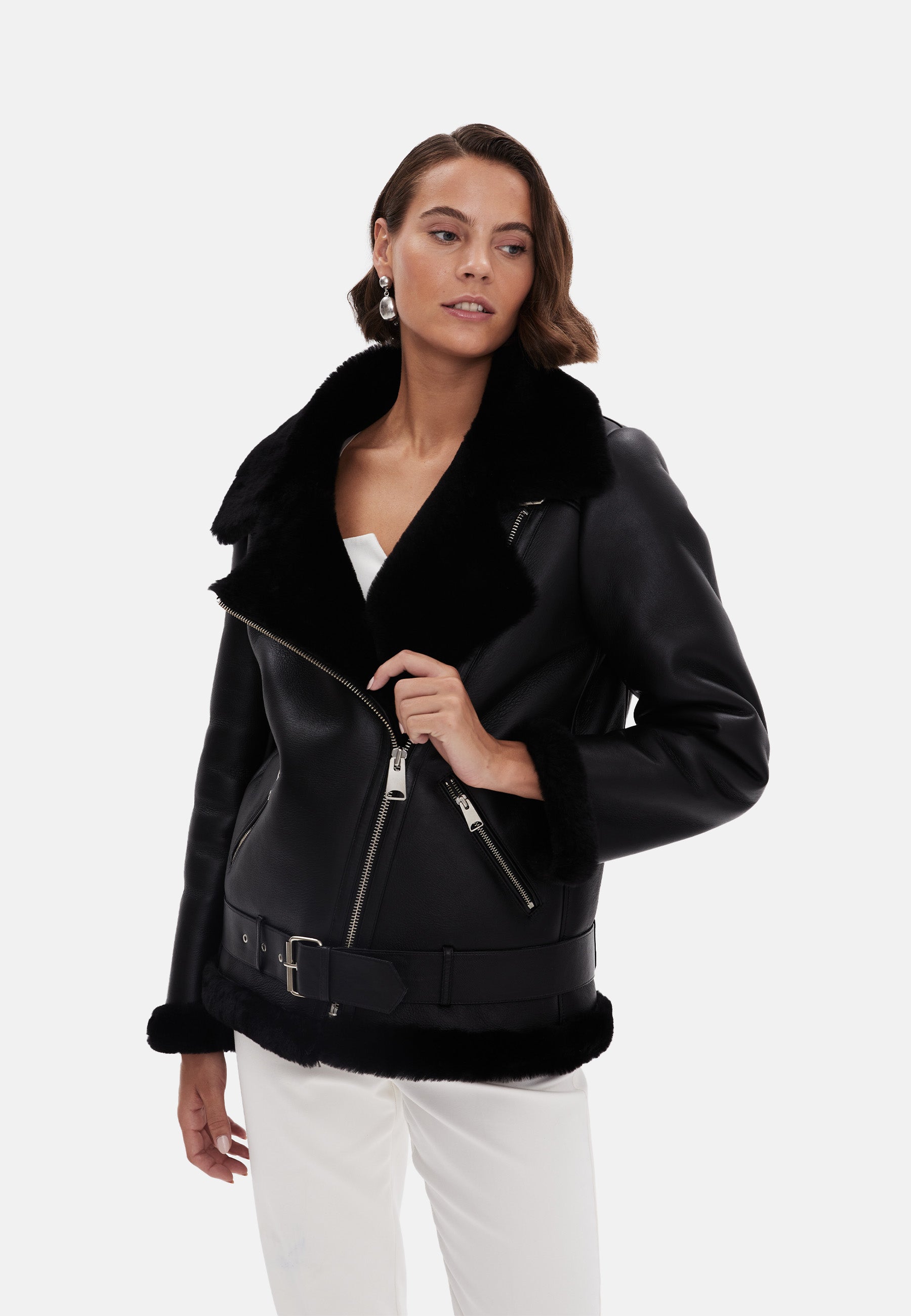 Women's Shearling Belted Biker Jacket, Silky Black with Black Wool