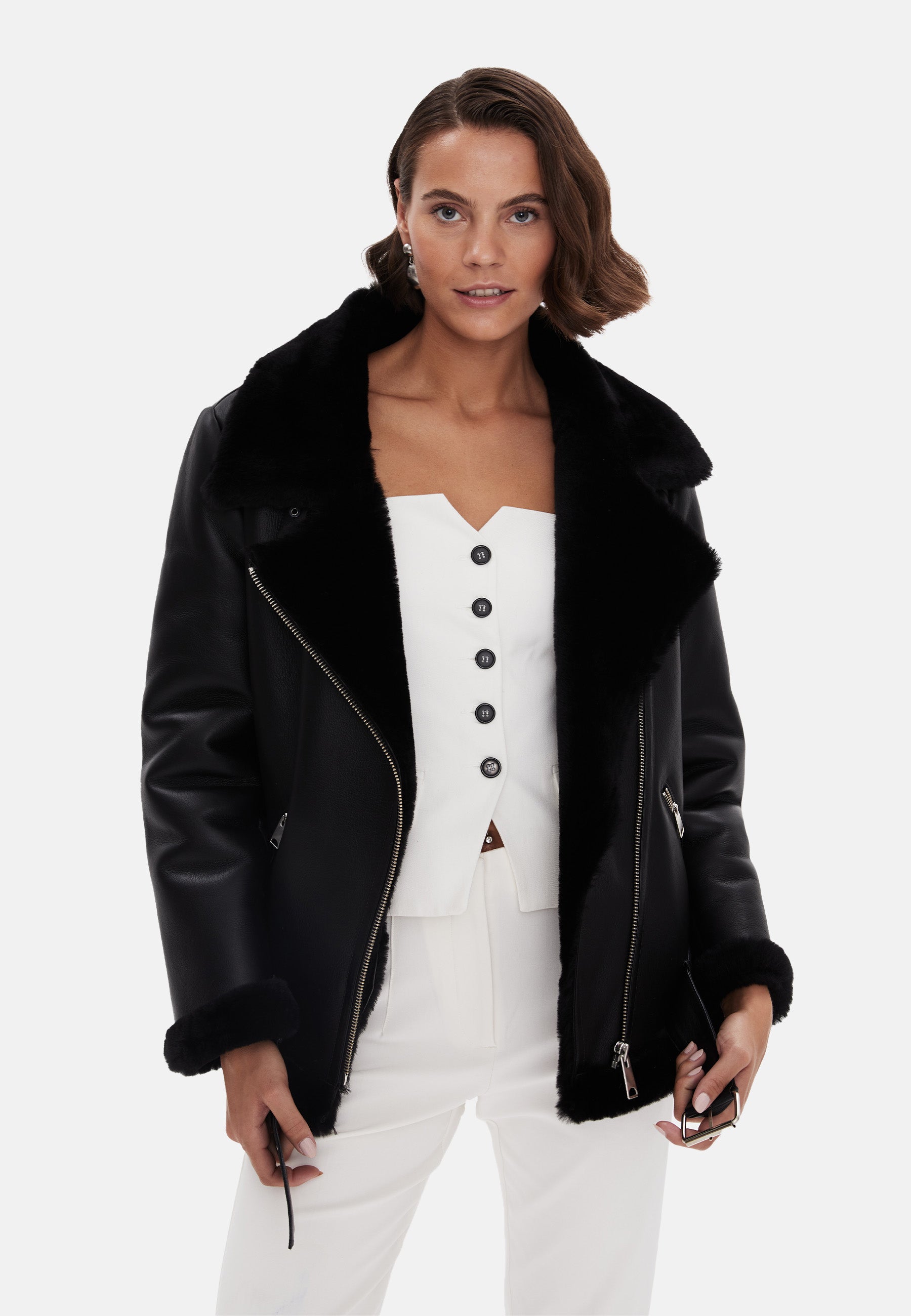 Women's Shearling Belted Biker Jacket, Silky Black with Black Wool