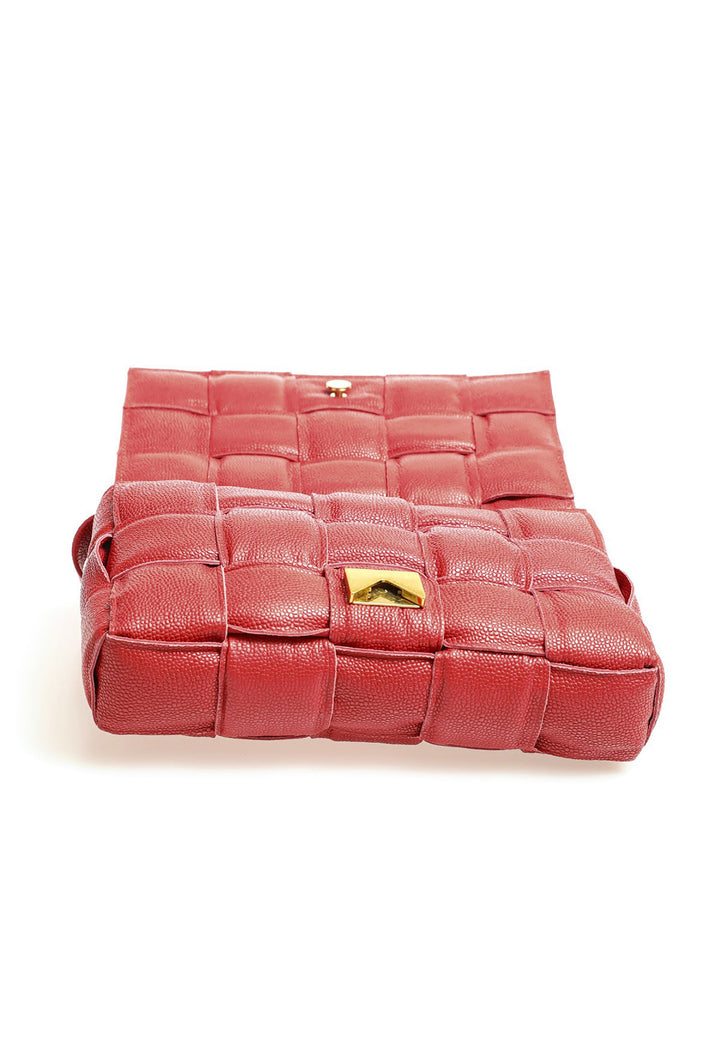 Red pebbled leather woven handbag