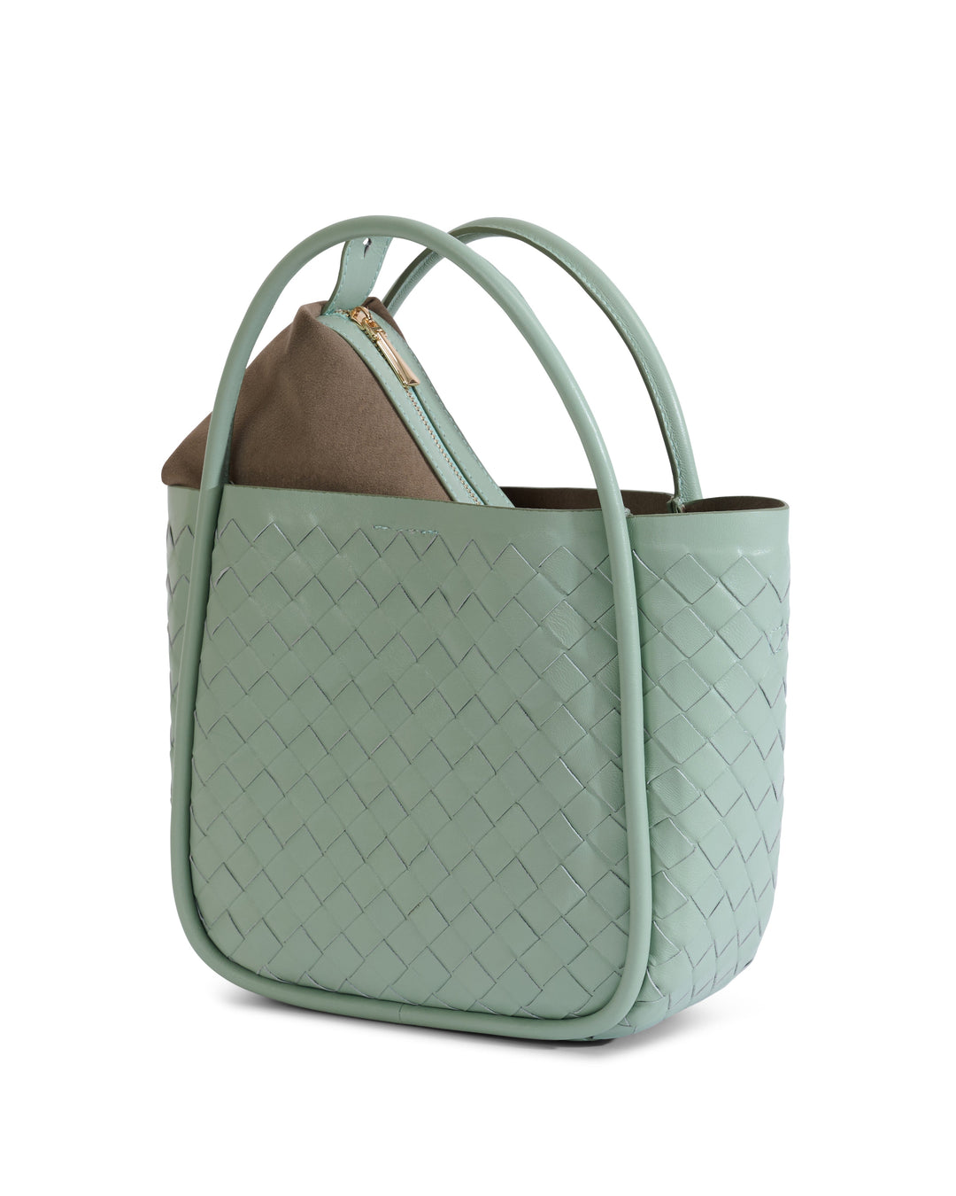 Pastel green woven leather top-handle bag