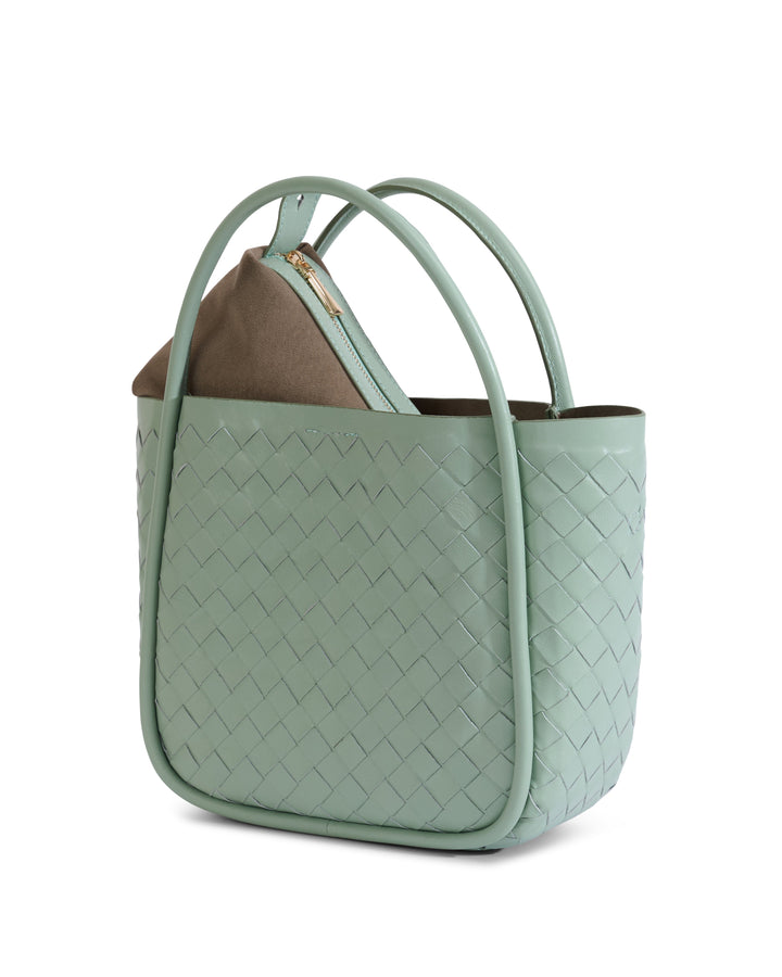 Pastel green woven leather top-handle bag