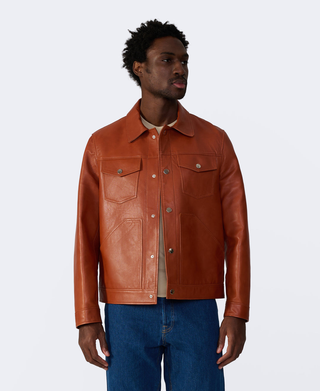 Man wearing cognac leather jacket