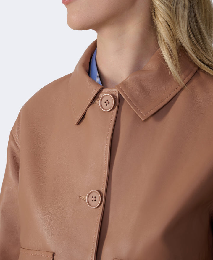 Tan/camel leather collared jacket on model
