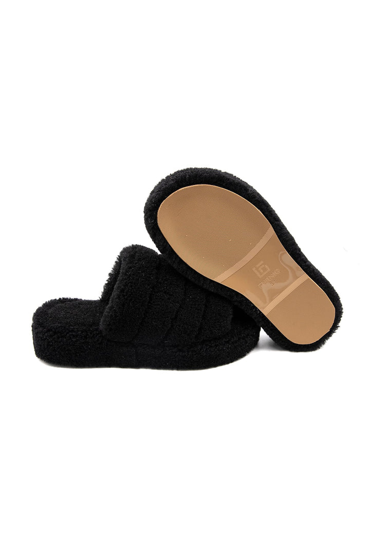Black curly shearling women's slippers