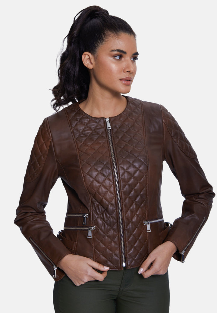 Woman wearing brown quilted leather jacket