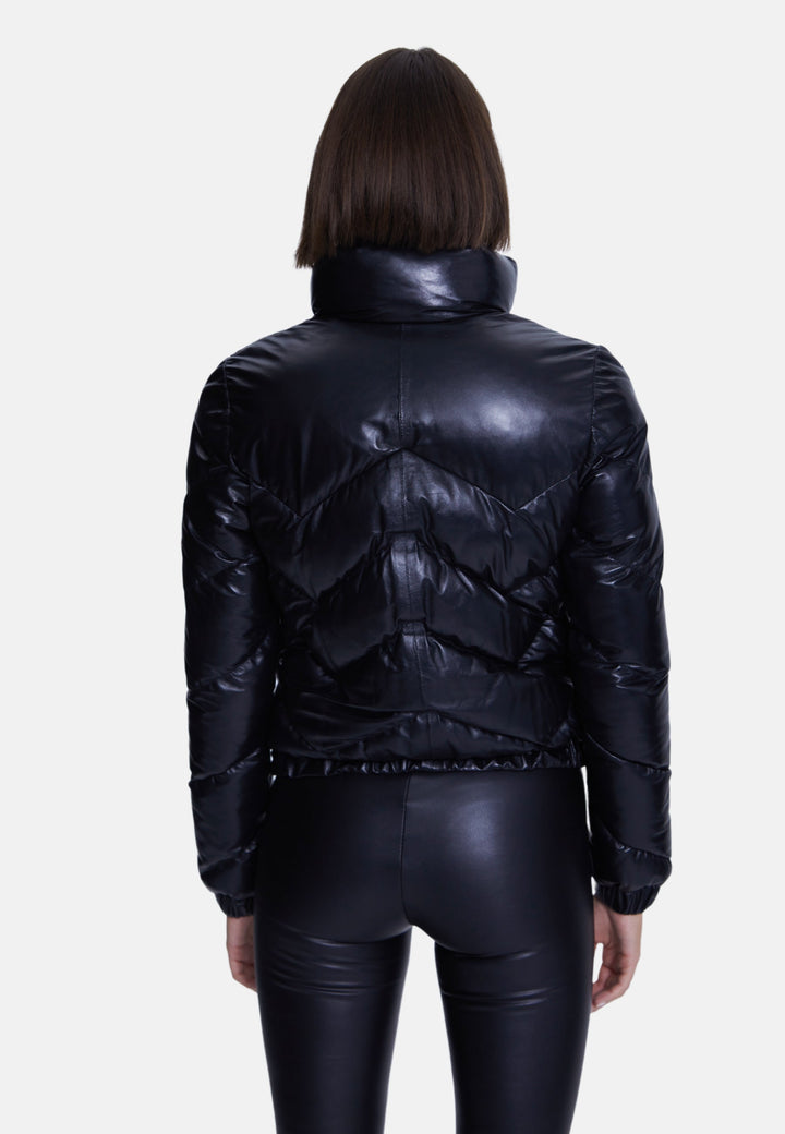 Back view black puffer leather jacket