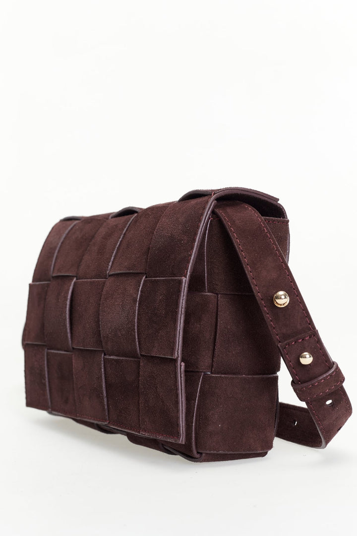 Red brown woven suede handbag