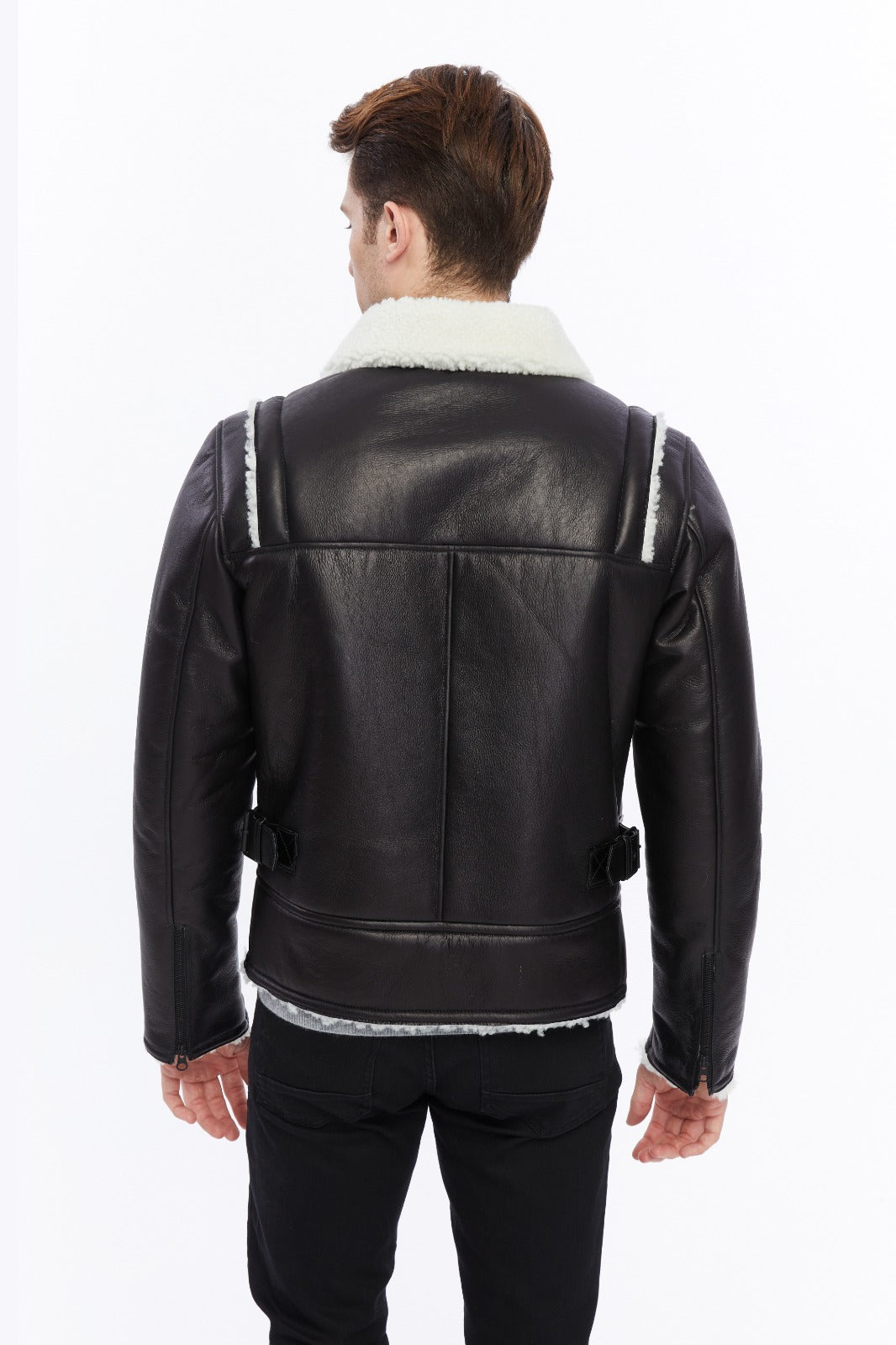 Black shearling jacket back view