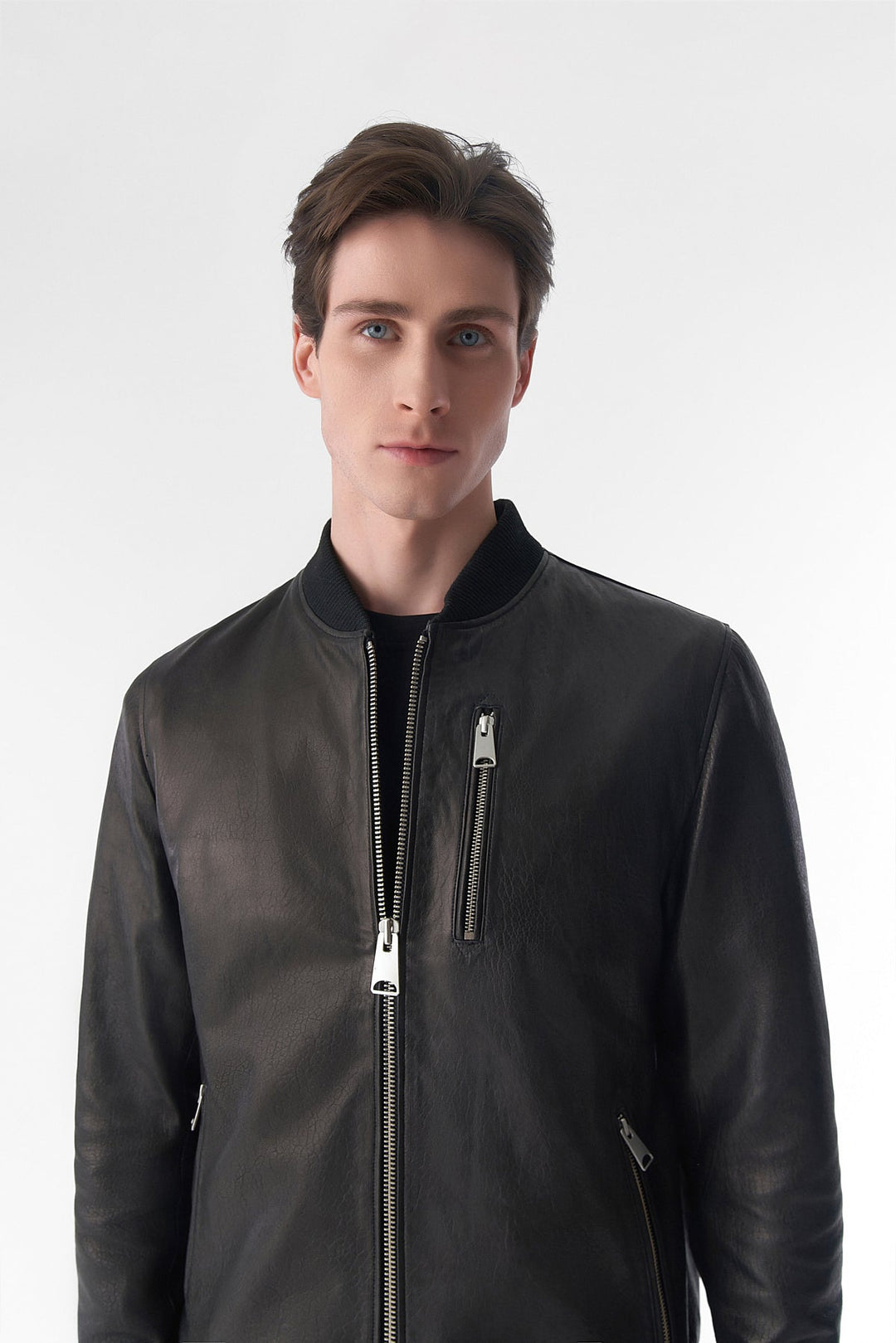 Man wearing black leather jacket