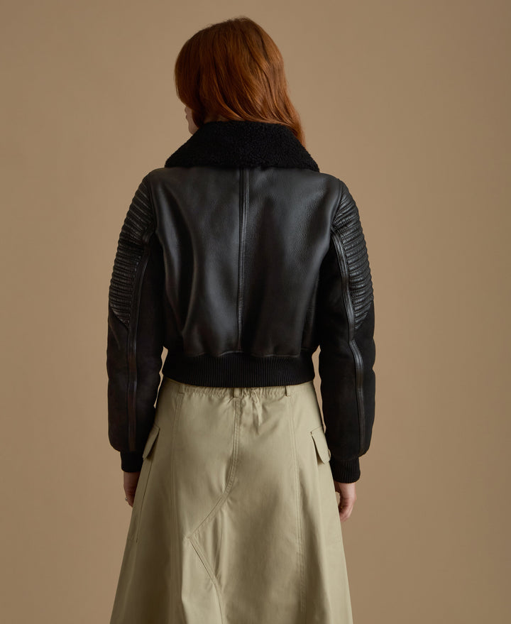Back view black shearling jacket