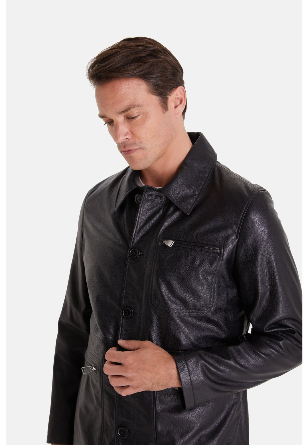 Man wearing black leather jacket