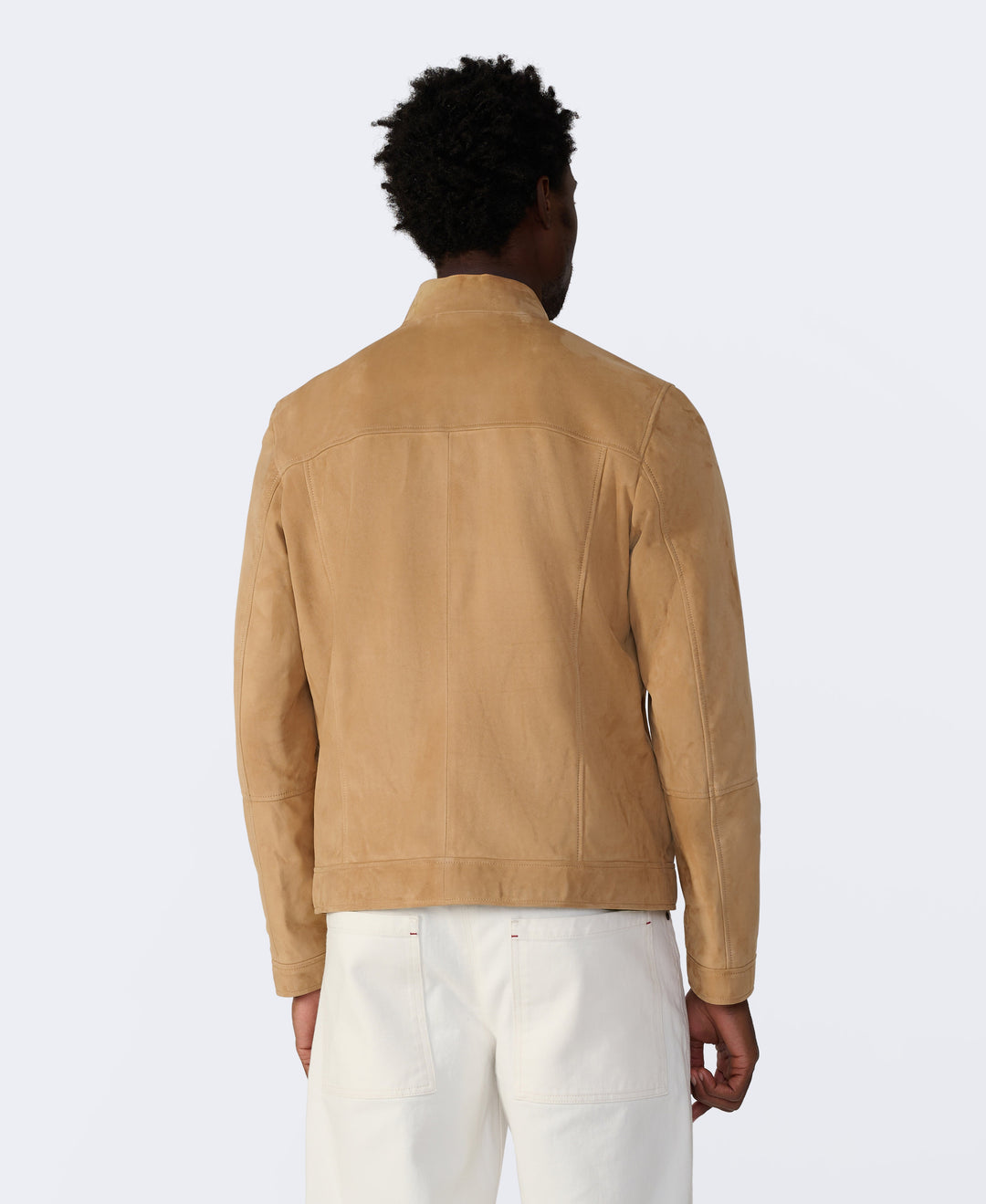 Back view of tan suede bomber