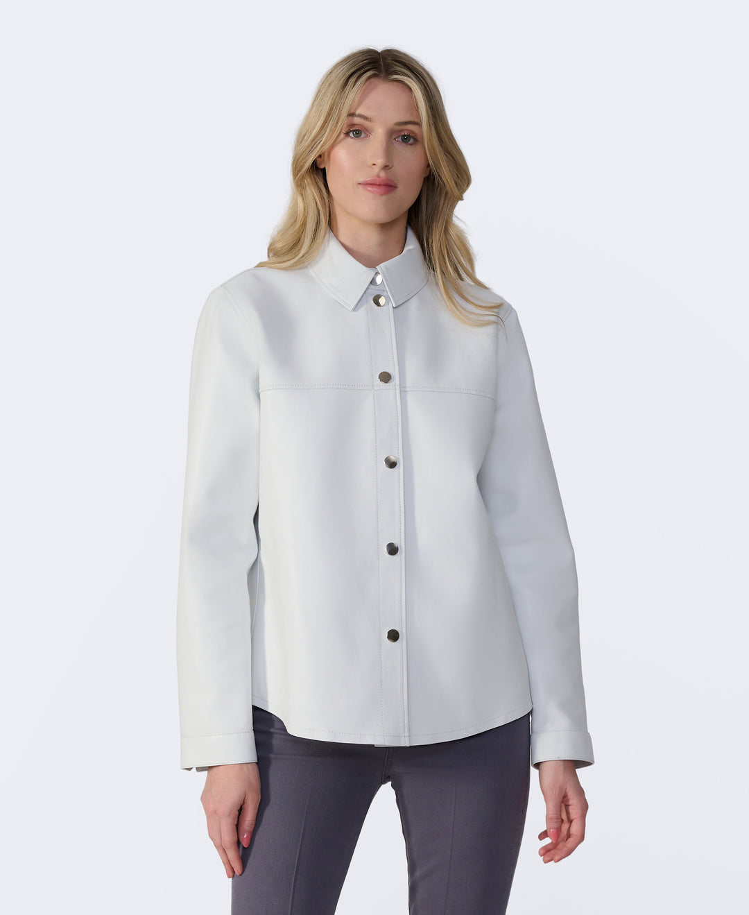 White leather shirt jacket on model
