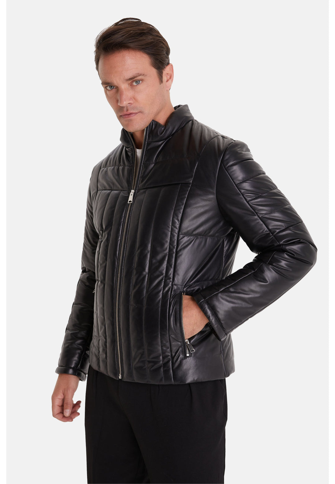 Black quilted leather jacket on model