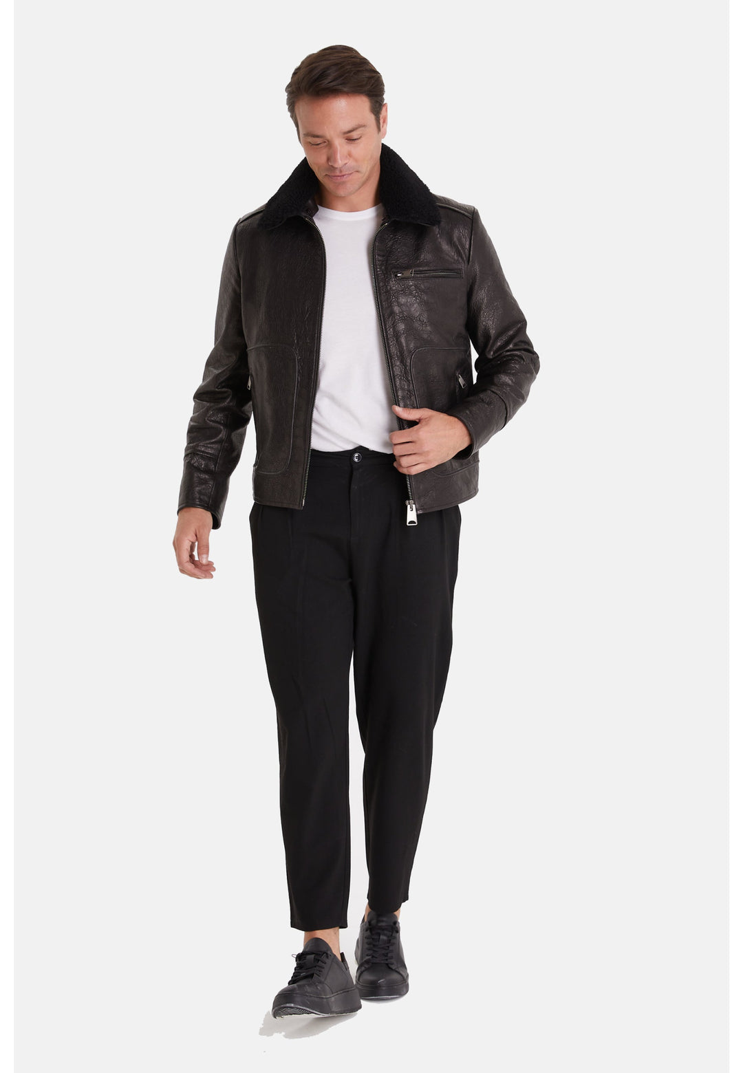 Man wearing black leather jacket with shearling collar