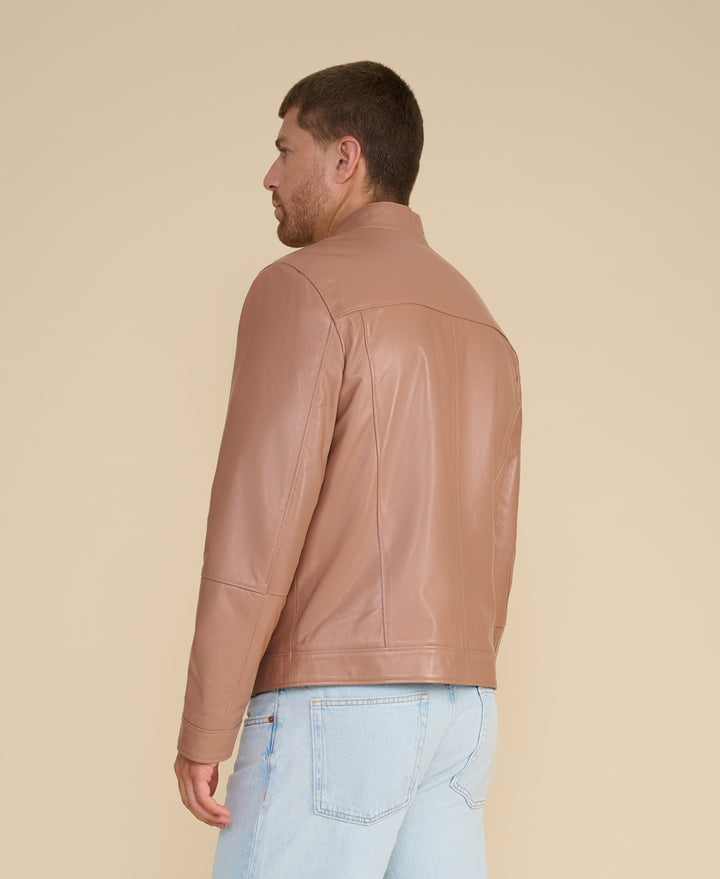 Tan leather jacket on male model