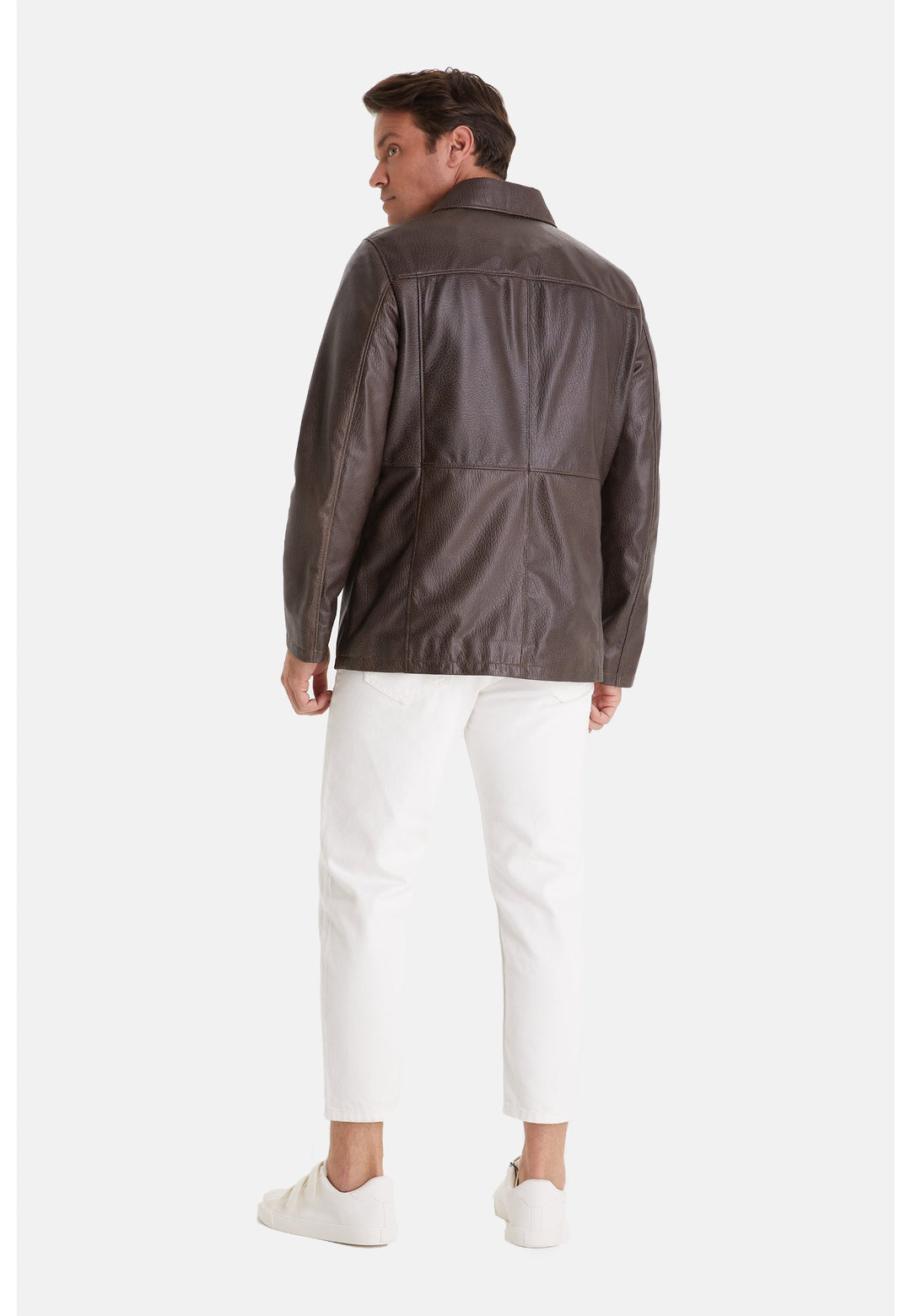 Man wearing brown leather jacket back