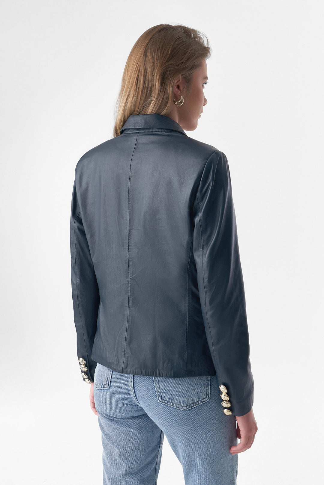 Back view blue leather blazer