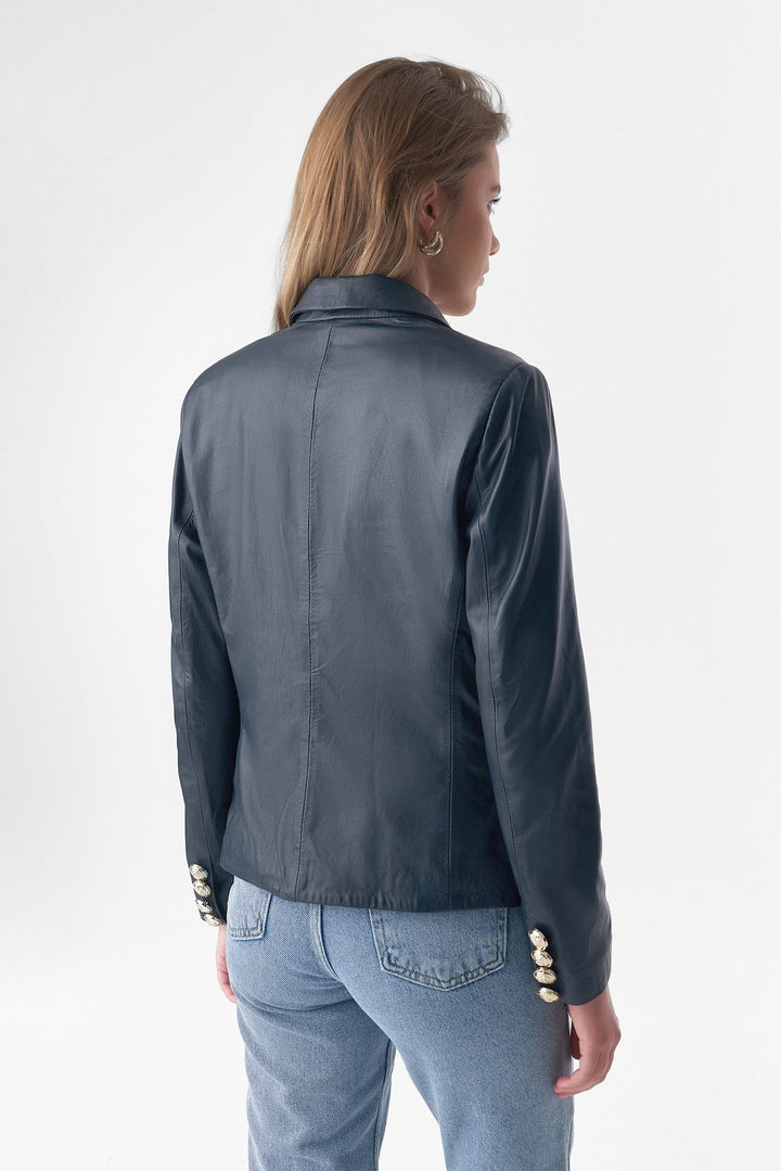Back view blue leather blazer