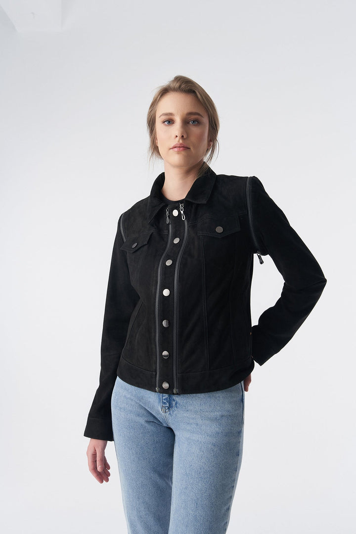 Woman wearing black suede jacket