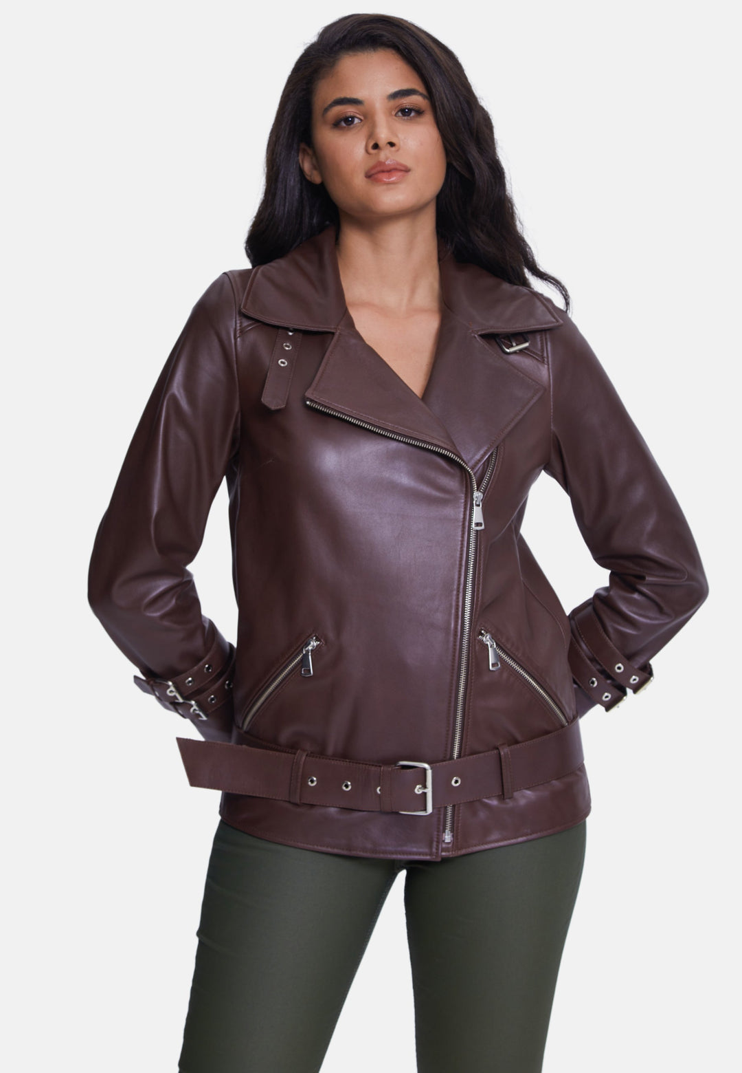 Woman wearing brown leather biker jacket