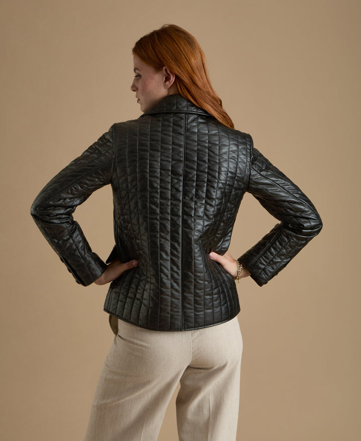 Woman wearing black quilted leather jacket