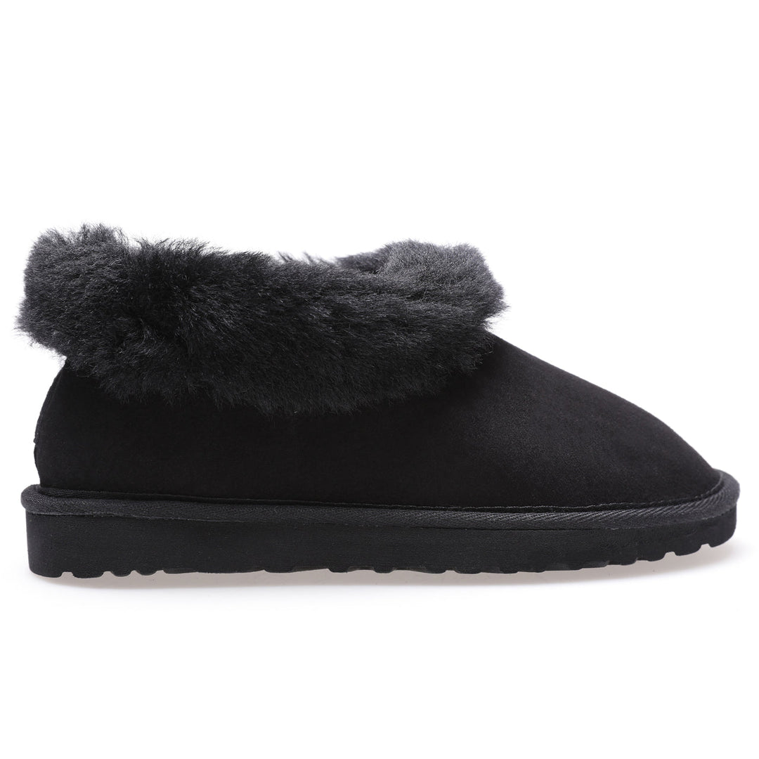 Black suede sheepskin slipper with fur cuff