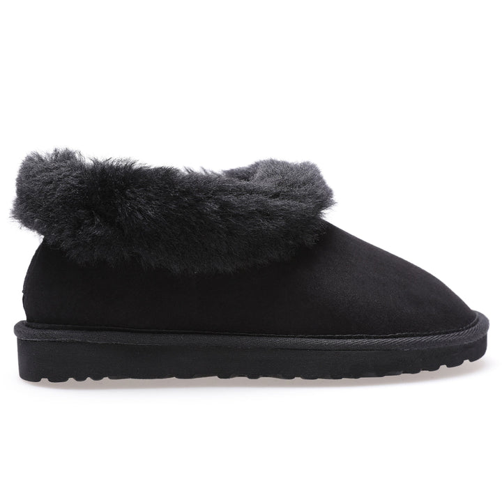 Black suede sheepskin slipper with fur cuff