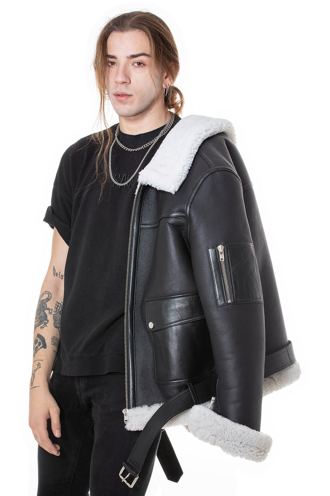 Black sheepskin pilot jacket with shearling