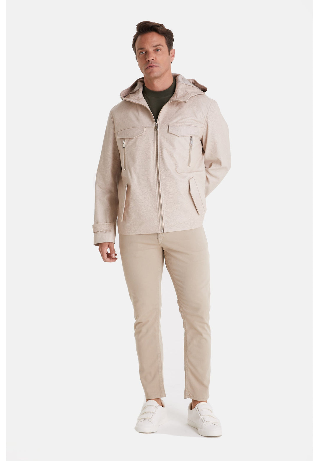 Man wearing beige hooded leather jacket