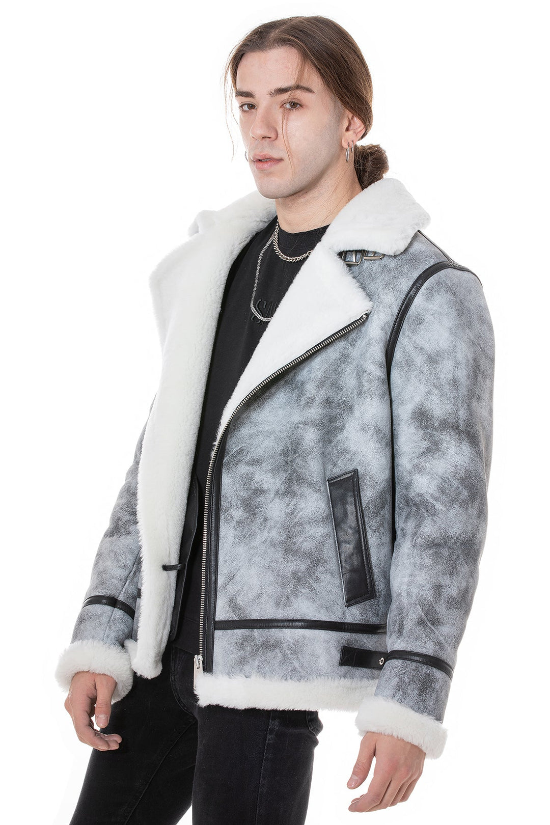 Gray sheepskin aviator jacket on model