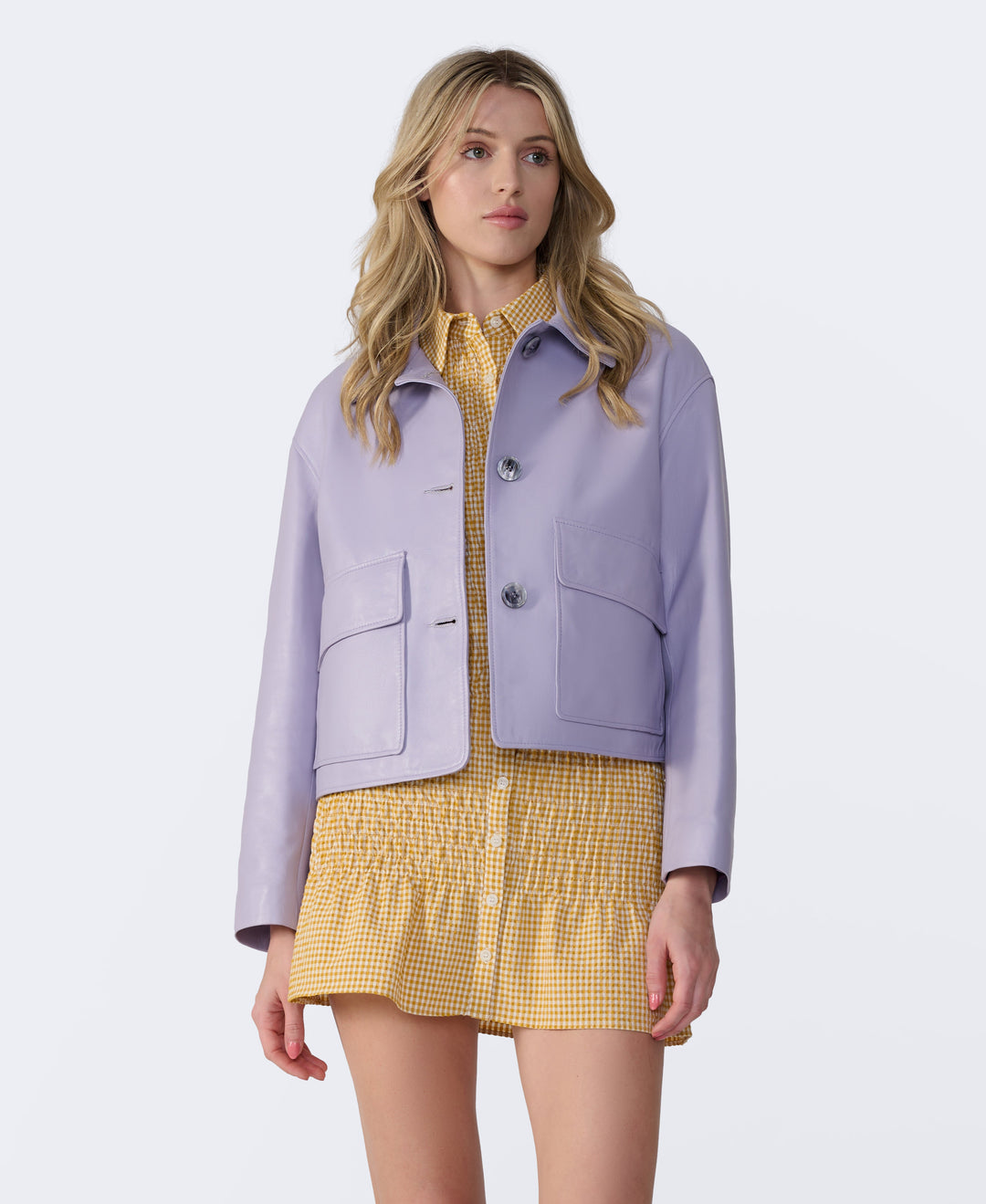 Lavender leather jacket on model