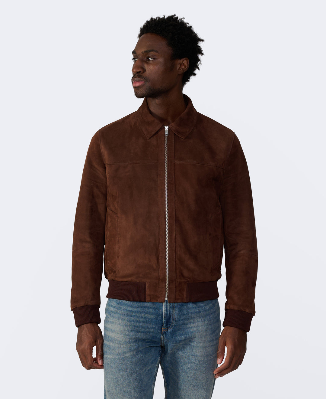 Brown suede zip jacket on model