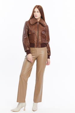 Image of Women's Leather Bomber Jacket, Rich Brown