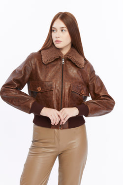 Image of Women's Leather Bomber Jacket, Rich Brown