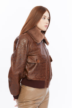 Image of Women's Leather Bomber Jacket, Rich Brown